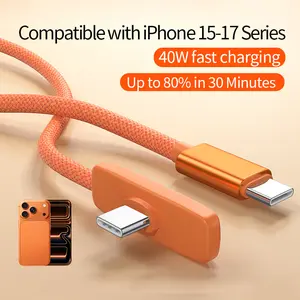 40W Right Angle Cable for iPhone 15/16/17 Pro Max iPad & MacBook Series PD Type-C Charger 90 Degree Gaming Cord No Hand Blocking Durable Braided Data Power C to C Cable USB-C to USB-C - Cellphone