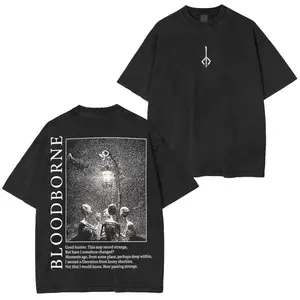 Bloodborne Hunter Messengers Graphic T Shirt Vintage Washed Heavyweight Cotton Oversized Tee Soulsborne Video Game Merch Dark Fantasy Lovecraftian Gothic Acid Wash Men Women Unisex Retro Streetwear Trending Summer Outfits Gifts TikTok Top