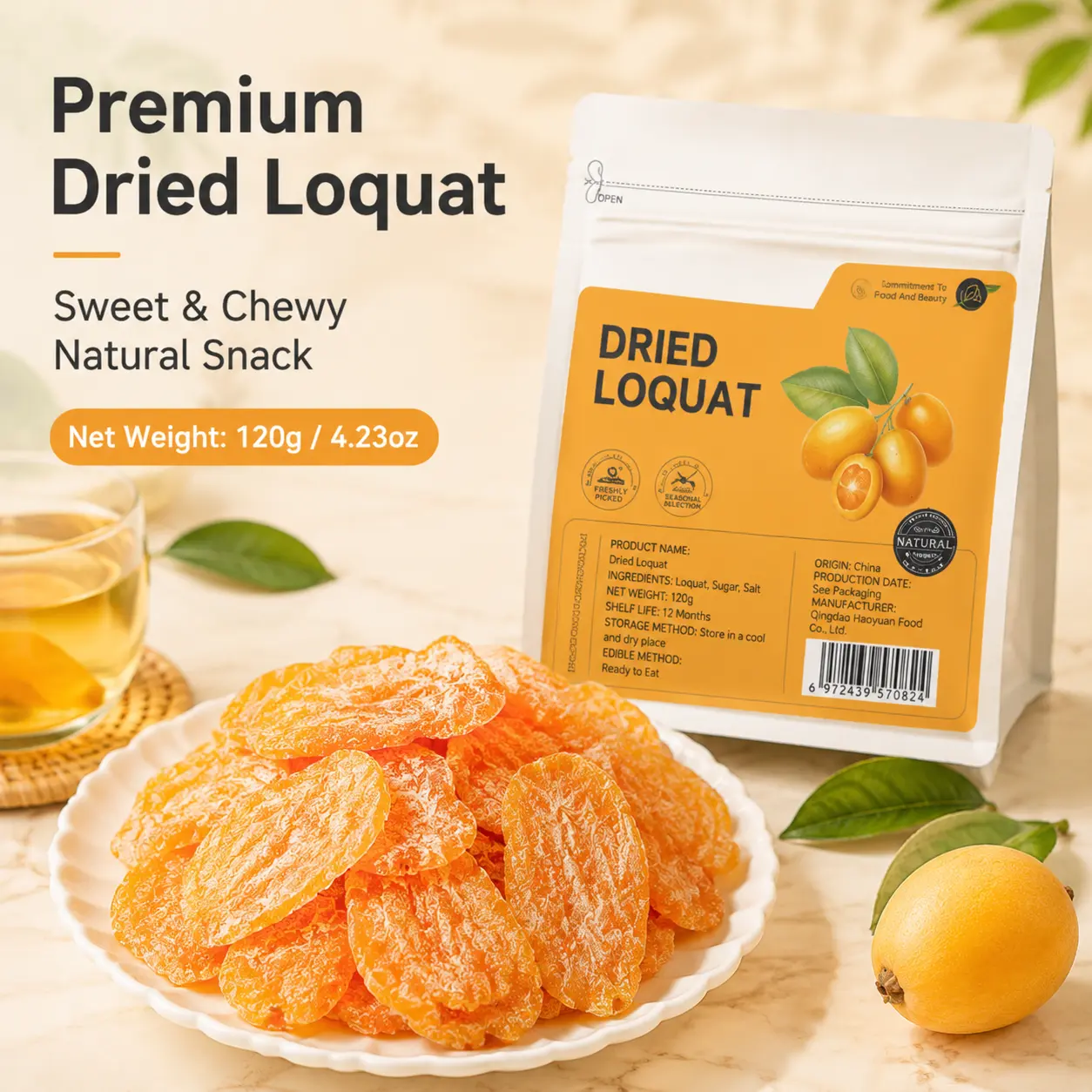 Preservative-Free Dried Loquat Fruit Snacks - Soft Glutinous No-Kernel Slices, Individually Wrapped Moisture-Proof Packaging (4.23oz/120G), Suitable for Travel, All Ages, Cupboard Storage, Dry, Dairy Free