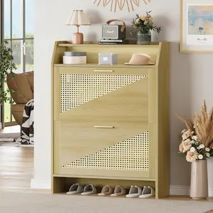 Vividwood Rattan Shoe Storage Cabinet with 2 Flip Drawers, Wooden Shoe Cabinet with Adjustable Shelf, Narrow Shoe Rack Organizer Cabinet for Entryway, Hallway, Living Room (Wood)