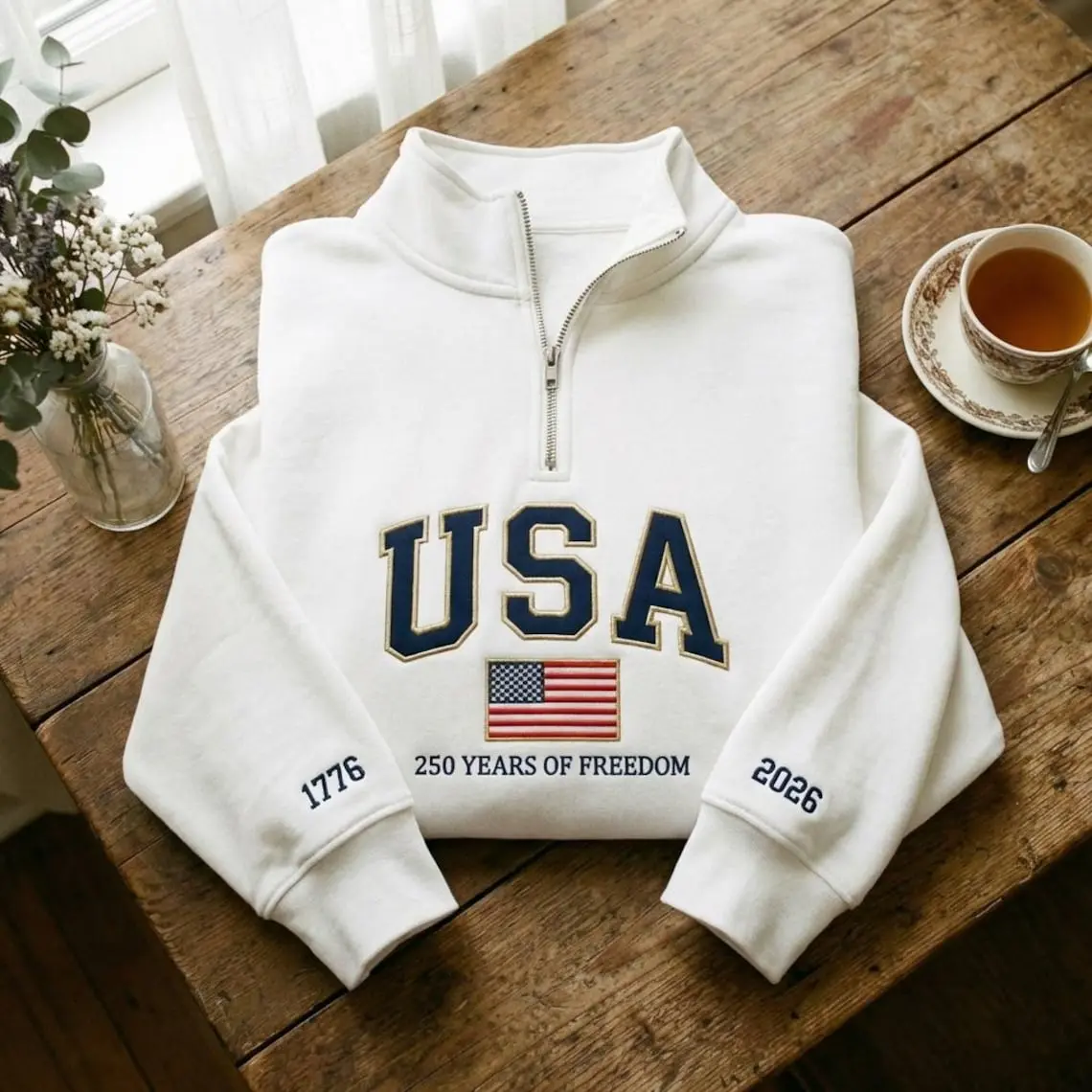 Embroidered USA 250th Anniversary 2026 Quarter Zip Sweatshirt, 1776–2026 Sweatshirt, 1776 Patriotic Sweatshirt, 4th of July 250 Years USA
