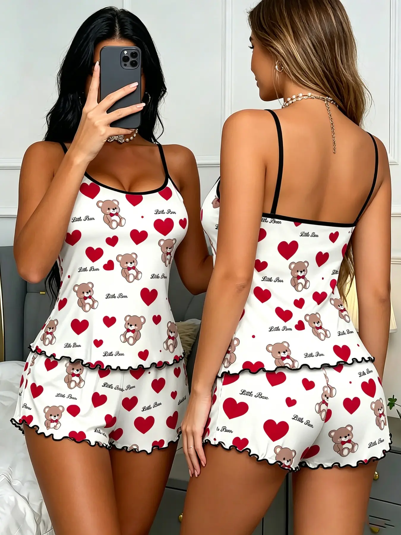 Women's Pajama Set, Nightwear, Loungewear, Pjs, Sexy Slim-Fitting Spaghetti Strap Tank Top & Shorts, All over Print, Above the Knee, Cozy Home Wear, Heart Bear Pattern