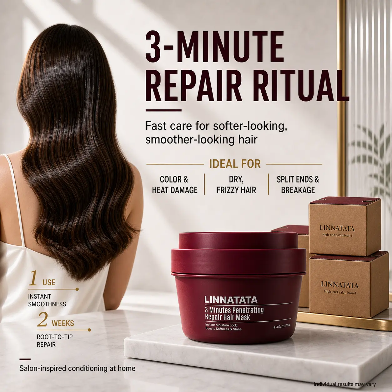 LINNATATA Bleach Damage Repair Hair Mask, 3-Minute Deep Conditioning Bonding Treatment for Dry, Frizzy Hair & Natural Curls, with Squalane for Instant Softness & High Shine, Sulfate-Free, Bonding Treatment Hair Masks, Beach Curly