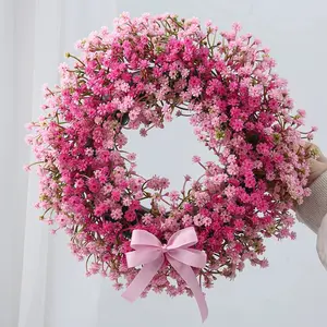 1pc Pinkish Starry Bow Wreath, Artificial Flower Arrangements Decorative Hanging Ornament, Indoor Outdoor Summer Door Decoration