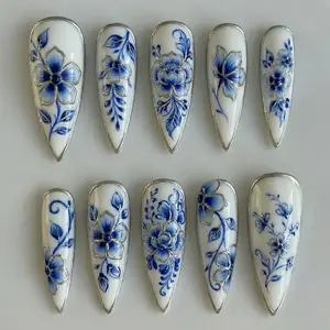Handmade Blue Floral Press On Nails | Porcelain Chinoiserie Silver Art | Long Stiletto Luxury Nails