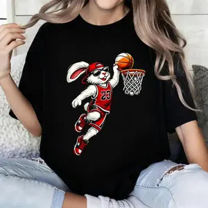 100 Percent Cotton Casual Fashion T-Shirt Basketball Rabbit With Number 23 Playing Dunk Summer Wear For Sports Fans And Gift For Basketball Lovers
