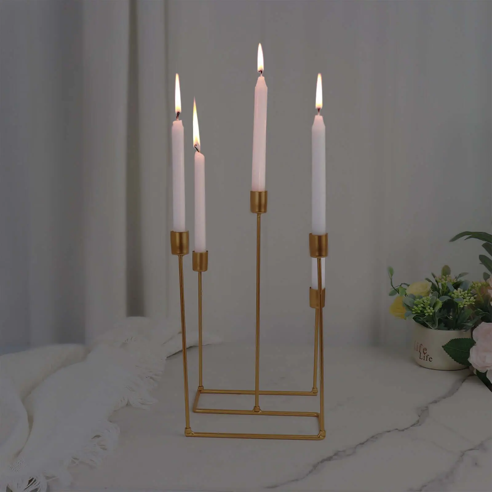 Gold Metal 12" 5-Arm Geometric Candelabra Taper Candle Holder, Luxury Decorative Home Accessories for Room Decor, Weddings, Birthday Party Tables