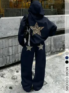 Ladies' Y2K Leopard Star Graphic Hoodie & Pants Set, Casual Lounge Set for Daily & Street Style