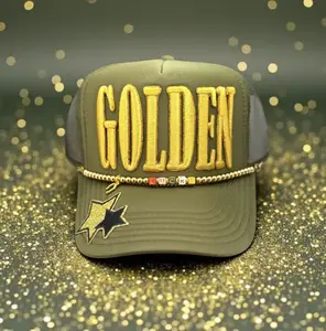 "GOLDEN" Puff Embroidered Trucker Hat With Hat Chain