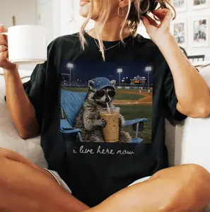 Funny Raccoon Baseball Comfort Colors T-Shirt, I Live Here Now Ballpark Graphic T Shirt, Baseball Fan Gift, Game Day Mom Shirt