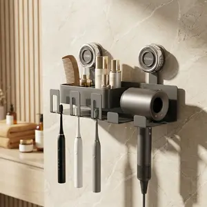 No Drill Suction Cup Hair Dryer Holder, Space Aluminum Bathroom Organizer with Toothbrush Storage, Strong Load-Bearing Wall Mount Rack for Renters