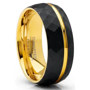 Men's Tungsten Carbide Ring Dome Hammered Black Goldtone Wedding Band 8MM