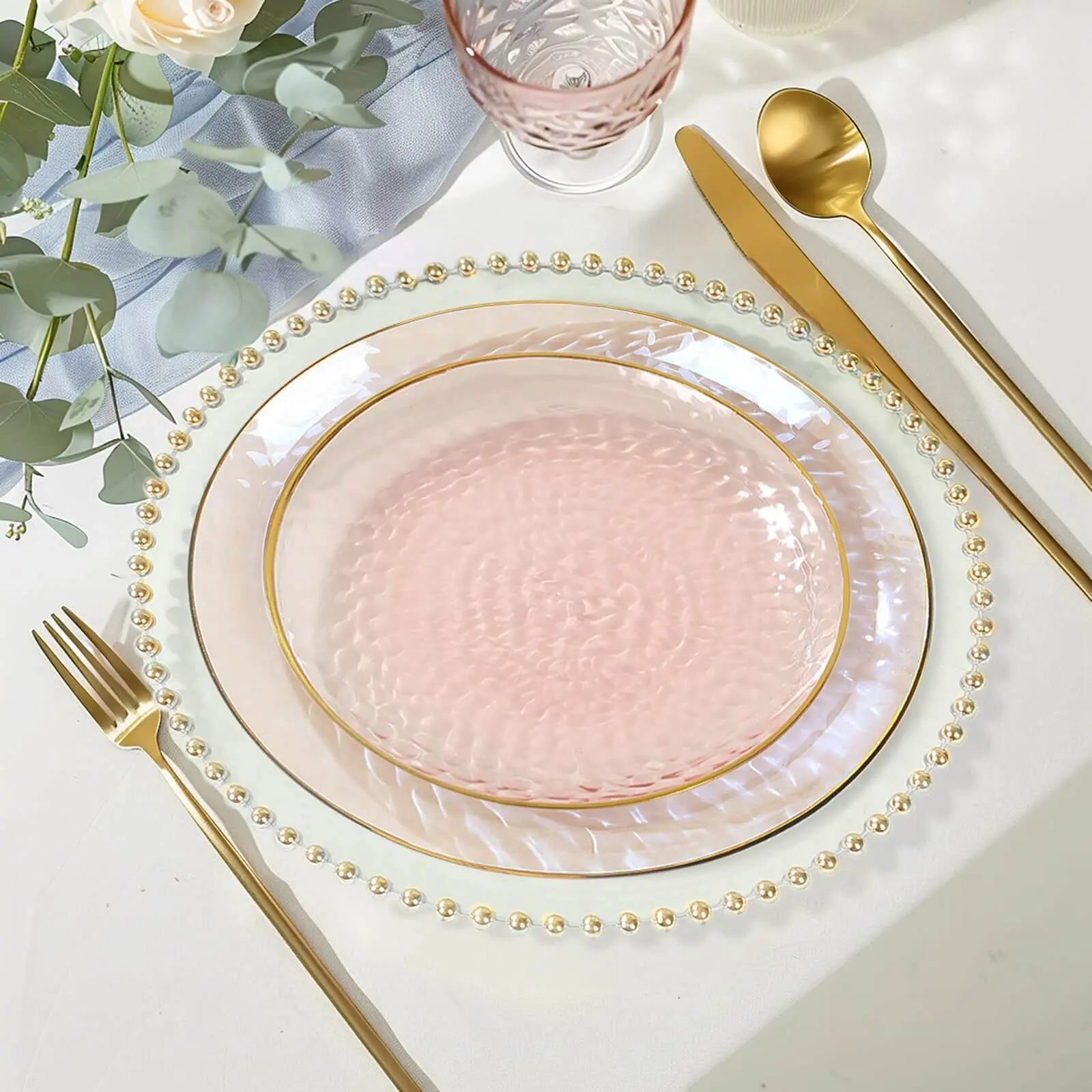 Disposable Transparent Plastic Blush Hammered Design Elegant Plates, 10-Pack 7in with Gold Rim - Modern Round Dessert Plates for Birthday, Wedding