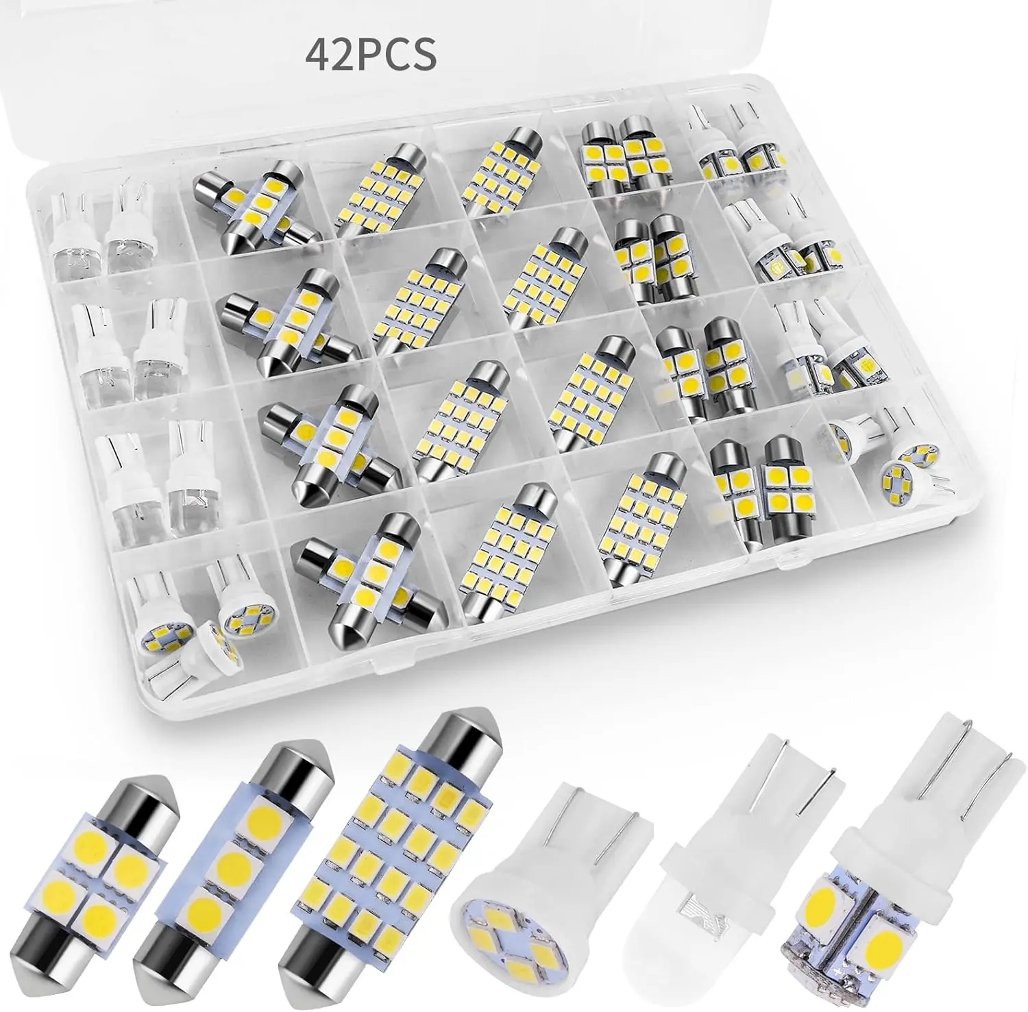 42-Piece Interior Car Lights Plug-In Kit - DE3175 T10 Socket Light Bulbs, 19mm/31mm/41mm LEDs, 2835 LED Chipsets, Simple Flip Fix for Trucks, Includes Dome, Map, Tail, Cab Ambient Bulbs