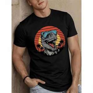 Men's Casual Dinosaur Graphic Tee Short Sleeve Crew Neck Breathable Polyester Easy Care Summer Dinosaur Apparel
