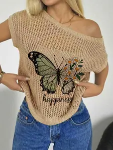 Spring Summer Women's Beach Vacation Style Asymmetric Neck Shoulder Reveal Batwing Sleeve Semi-Transparent Lace, Butterfly Print Knit Top Blouses