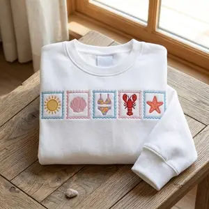 Beach Stamp Embroidered Sweatshirt, Summer Shirt, Sun Shell Bikini Lobster Starfish Crewneck