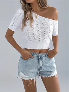 Women's Plain Hollow Out Asymmetrical Neck Fitted Sweater Pullover without Bottom, Casual Short Sleeve Jumper for Summer, Fashion Women's Knitwear for Daily Wear