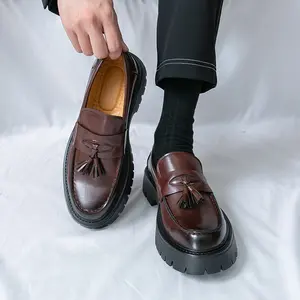 Men's Fashion Chunky Platform Penny Loafers Luxury Round Toe Slip-On Dress Shoes with Non-Slip Lug Sole for Business Work and Daily Casual Wear