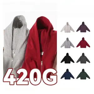 Vintage 420g Heavyweight Hooded Cardigan for Men Double-Zipper Fall Winter Streetwear Jacket Thickened Basic Oversized Sweatshirt Casual Daily Wear Long Sleeve