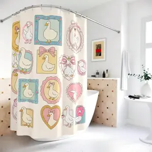Polyester Goose-Themed Shower Curtain - Hook-Type, Geometric, Illustrated Bathroom Decor, Whimsical Girl Dorm Supply, Unique Housewarming Gift with Funny Silly Coquette Stamp Frame Design, Shower Curtains, Hook-Type Shower Curtains