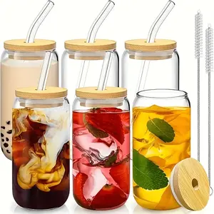 Set of 4pcs (1pc 600 ML Water Cup + 1pc Bamboo Lid + 1pc Glass Straw + 1pc Straw Cleaner) 21.3Oz (About 603.8G) High Borosilicate Glass Water Cup. Adorable Reusable Glass Containers, Suitable for Iced Coffee, Tea, And for Use at Home Or in Restauran