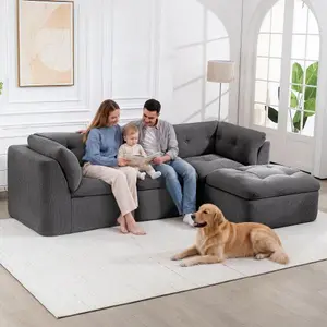 Niccae Modern Cloud-style Living Room Sofa, Deep Seat Convertible L-shaped Frame-free Sofa (with Ottoman), Oversized Comfortable 4-seater Chenille Fabric Compressed Sofa, Modular Sectional Sofa