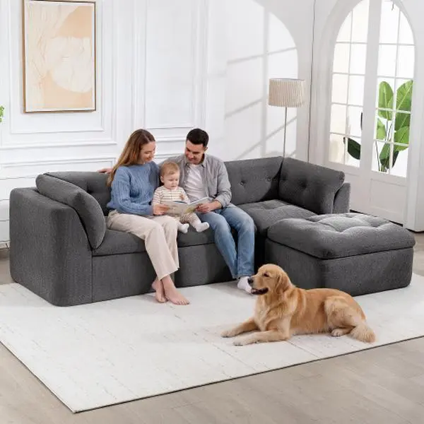 Niccae Modern Cloud-style Living Room Sofa, Deep Seat Convertible L-shaped Frame-free Sofa (with Ottoman), Oversized Comfortable 4-seater Chenille Fabric Compressed Sofa, Modular Sectional Sofa