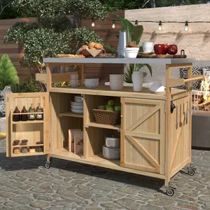 Outdoor Kitchen Island, Rolling Bar Cart & Storage Cabinet, Farmhouse Solid Wood Outdoor Grill Table with Stainless Steel Top, Spice Rack , Towel Rack for Kitchen & BBQ
