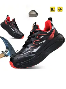Men's Colorblock Letter Print Lace Up Work Shoes, Casual Comfortable Breathable Lightweight Sports Steel Toe Sneakers, Fashionable Anti-smash and Anti-puncture Shoes for Daily Wear, Closed