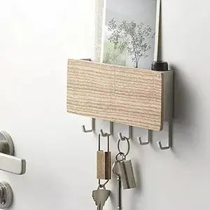 Punch-free Wall Mounted Wooden Storage Holder With 5 Hooks, 1 Count Multifunctional Storage Rack For Home, Shelf Organizer Wall Mount Compatible