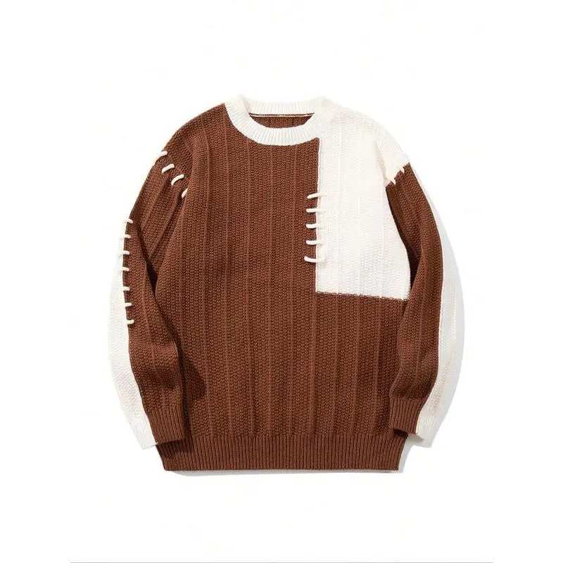 Men's Colorblock Patchwork Drop Shoulder Sweater, Casual Long Sleeve Round Neck Jumper for Fall & Winter, Fashion Men's Knitwear for Daily Wear Menswear Tops