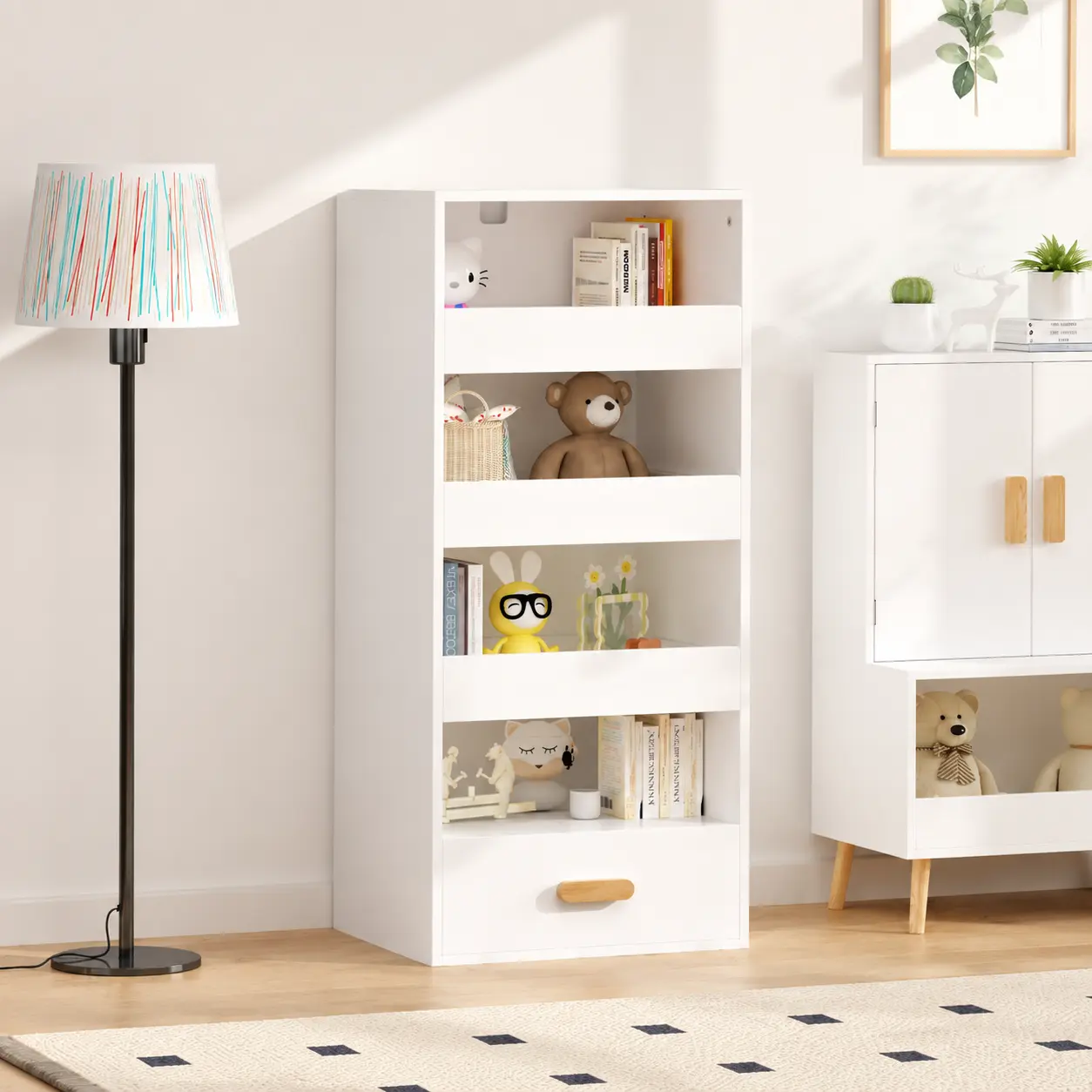 littleox 4-Tier Freestanding Bookshelf with 3 Sliding Drawers and 1 Bottom Drawer