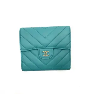 Pre-owned CHANEL Light Blue Chevron Quilted Lambskin Classic Flap Wallet