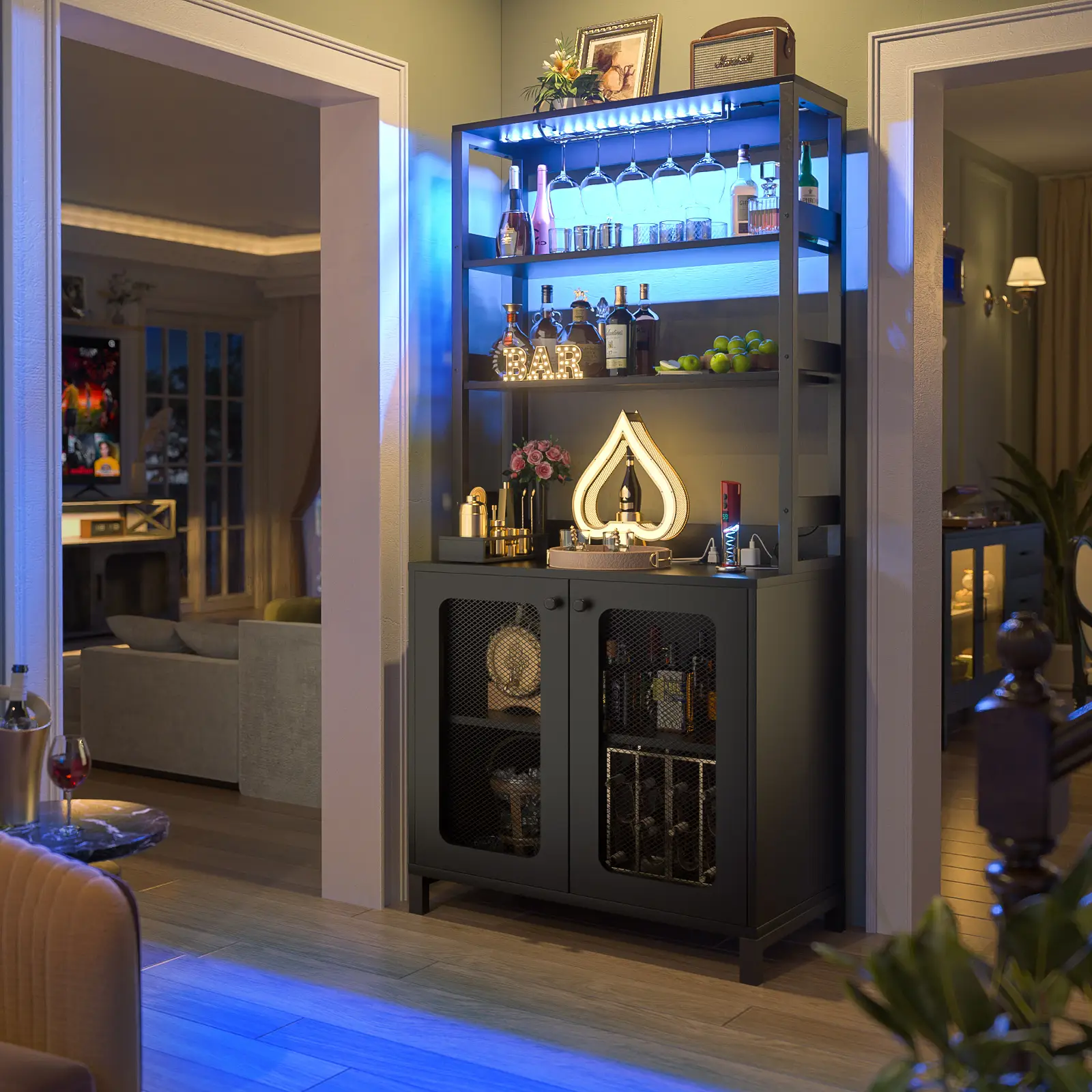 All-in-One Smart Wine Bar Cabinet with Storage Shelves and Glass Holder, 26.9"W x 66.9"H, Corner Bar Cabinets with RGB LED Strips and Charging Station