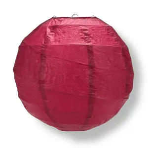 16" Velvet Red Round Paper Lantern, Crisscross Ribbing, Hanging Decoration
