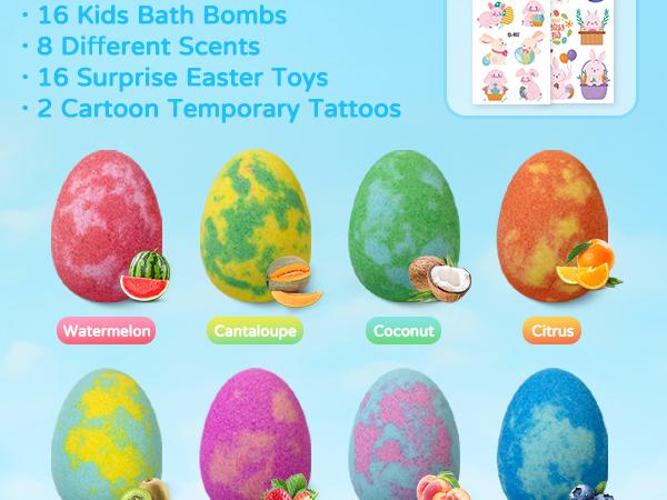 Bath Bombs for Kids with Surprise Inside, 16 Pack Easter Bath Bomb Gift Set, Colorful Bath Fizzies for Boys & Girls, Easter Basket Stuffers