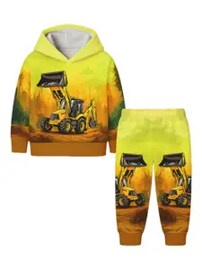 3D Excavator Hoodie Set, Vivid Construction Vehicle Clothing, Soft Casual Wear, Ideal Gift for Small Machine Lovers, Outdoor Use