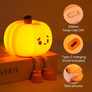 Suggestion Pumpkin Night Light Cute LED Lamp Silicone Dimmable Nursery Nightlight for Kids Rechargeable Bedside Touch Lamp with 30Mins Timer Type C Charging Cord Included Safe Silicone