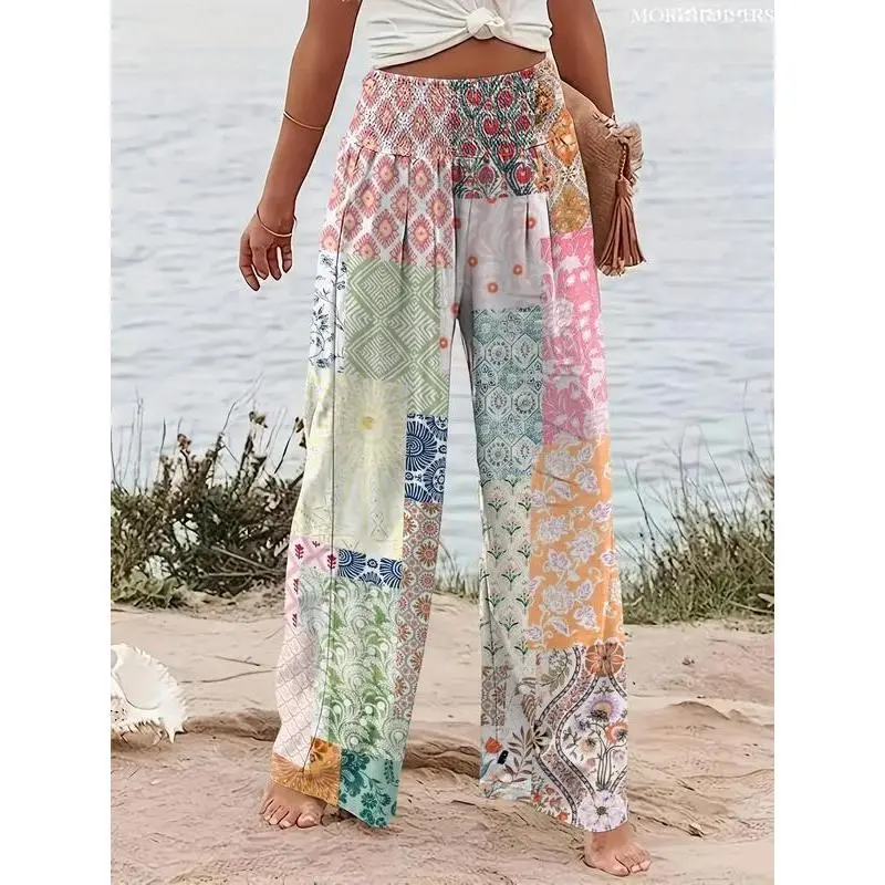 Women's Patchwork / Floral Print Elastic Waist Wide Leg Pants, Bohemian Baggy Boho Casual Trousers for Beach Vacation Holiday, Ladies Oversized Bottoms for All Seasons, Loose Womenswear