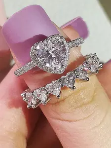2 Pcs/set Luxury Zirconia Inlaid Heart Cubic Zirconia Ring For Women For Wedding Engagement Anniversary Party Jewelry Valentine's Day Gift