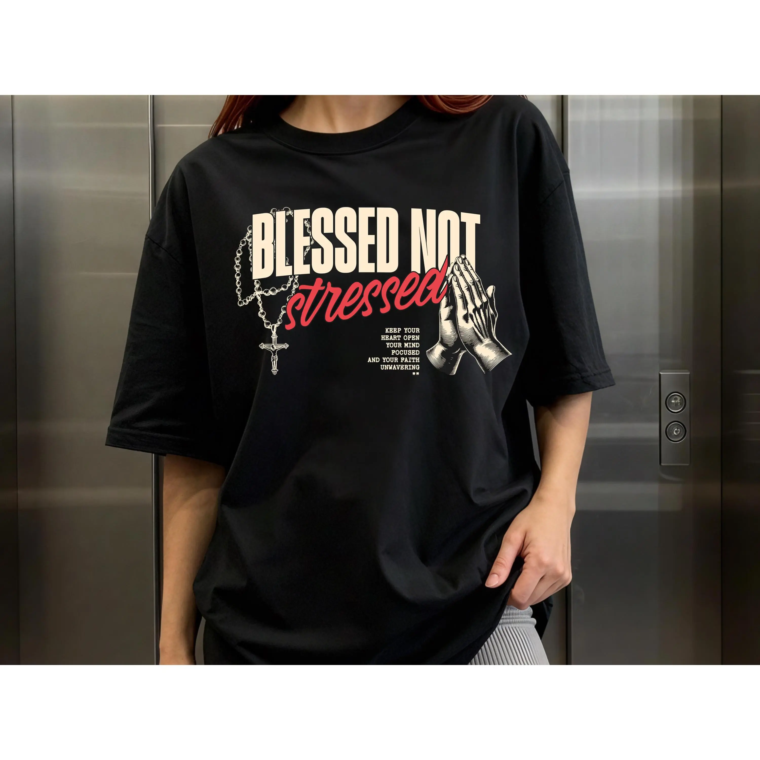Blessed Not Stressed Shirt, Christian Graphic Tee Faith T-Shirt, Religious Rosary Prayer Tee, Inspirational Bible, Verse Shirt
