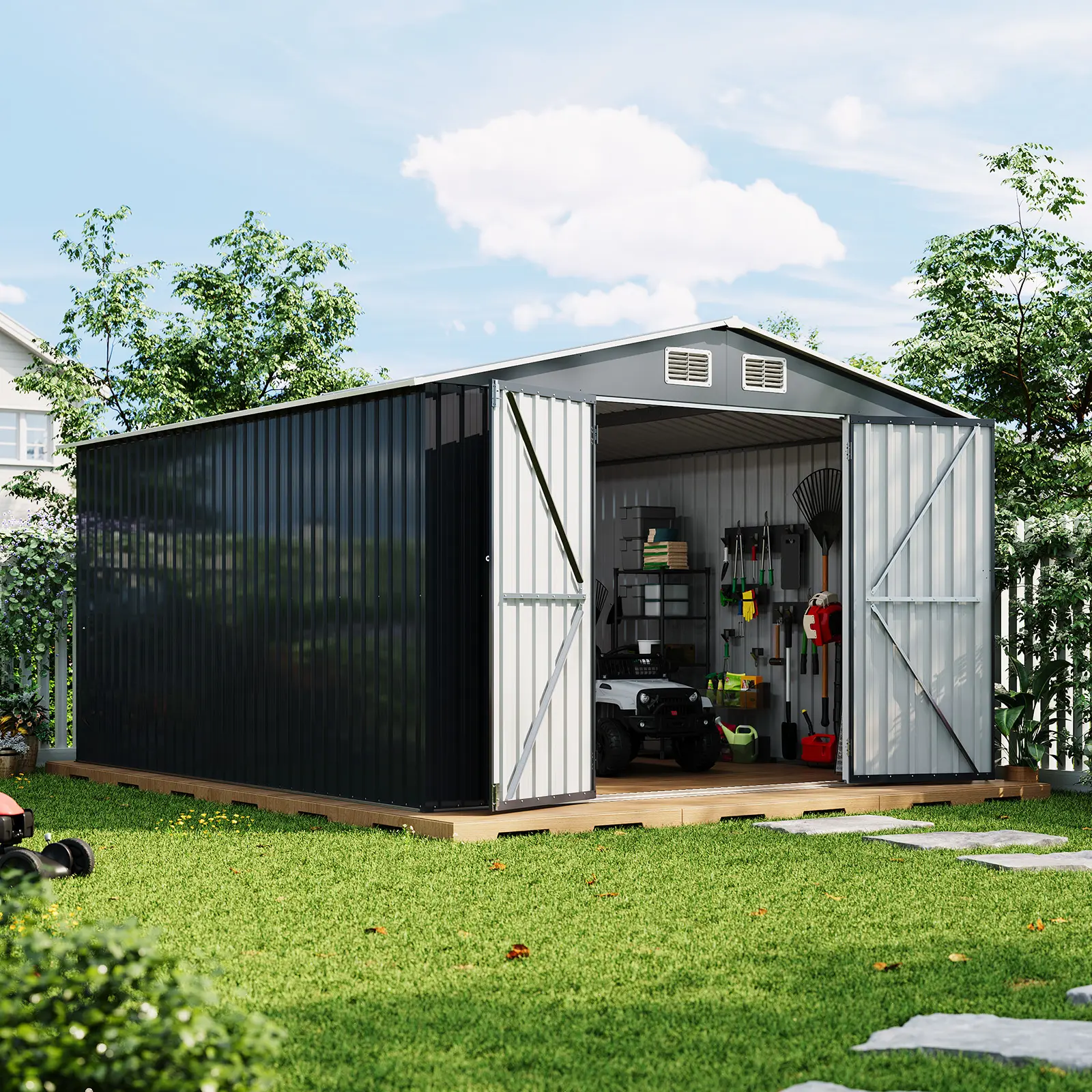 10 x 12 ft Heavy-Duty Waterproof Outdoor Storage Shed, Tool Shed with Lockable Door, Vents & Updated Frame Structure for Backyard, Patio, Lawn, Grey, Galvanized Steel, Modern, Vented Roof