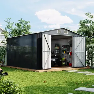 10 x 12 ft Heavy-Duty Waterproof Outdoor Storage Shed, Tool Shed with Lockable Door, Vents & Updated Frame Structure for Backyard, Patio, Lawn, Grey, Galvanized Steel, Modern, Vented Roof