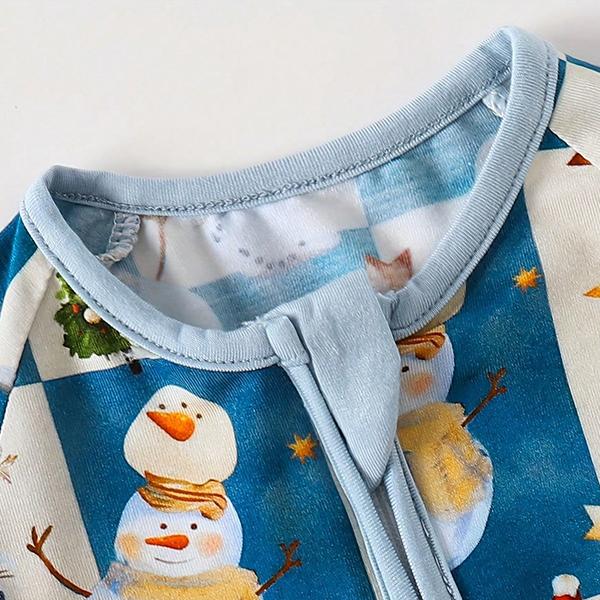 Junblebaby Unisex Baby Bamboo Fiber Christmas Bodysuit - Long Sleeve, Full Length Jumpsuit, 2-Way Zipper, Snowman Tree Print, Minimalist Knit Crew Neck, Ultra Soft Breathable, Machine Wash Cold, Easy Diaper Changes Pullover