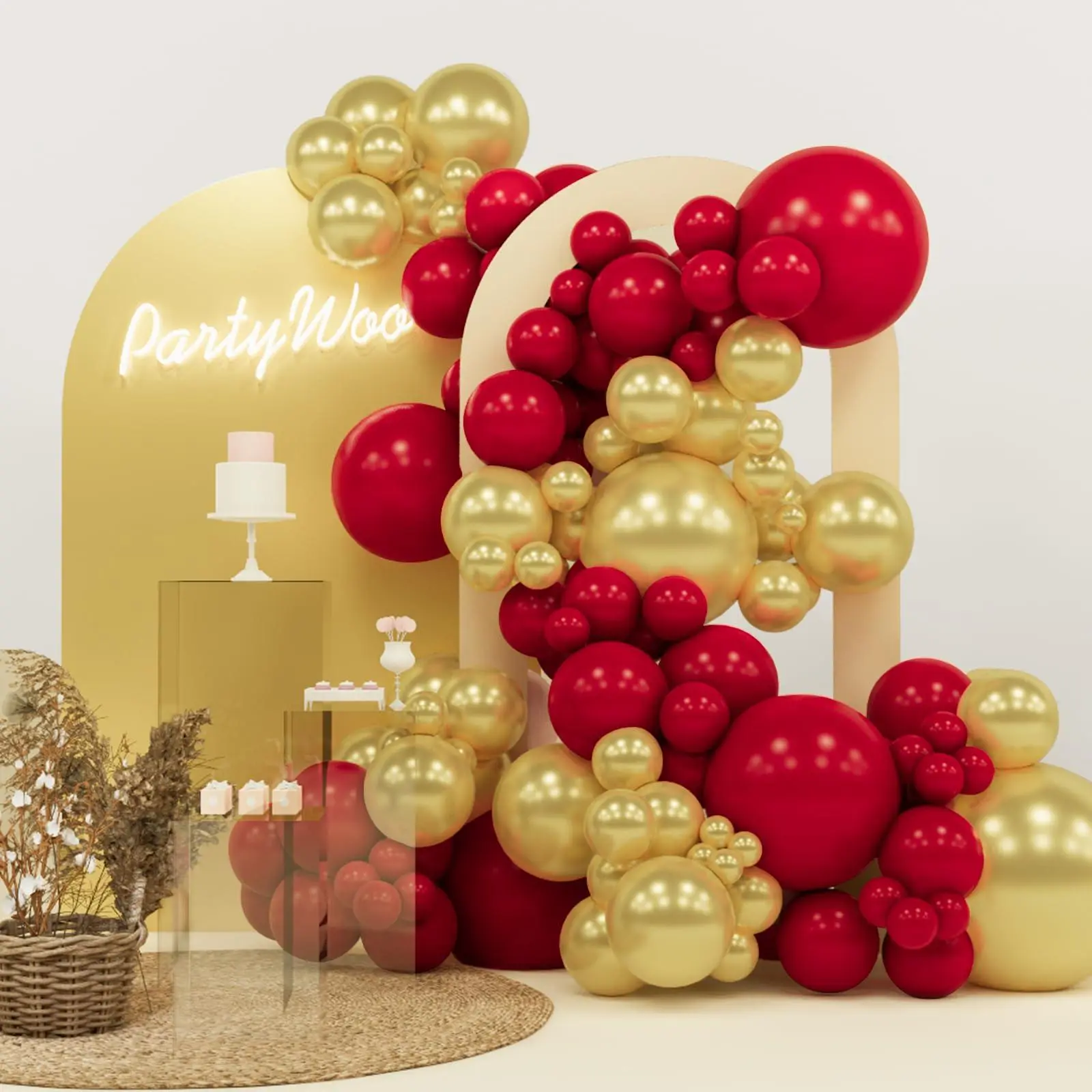 PartyWoo Red and Gold Solid Latex Multi-Size Round Balloon Arch Kit, 140pcs 18/12/10/5in for Birthday, Wedding, Baby Shower Balloon Party Supplies