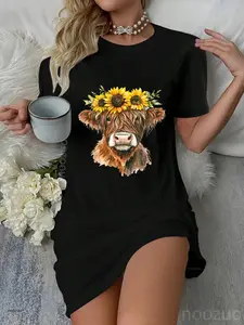Cute Highland Cow With Sunflowers Floral Scottish Farm Dress