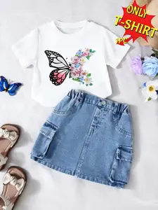 Girls' Butterfly Print T-Shirt, Soft Stretchy Knit Top, Vibrant Floral & Butterfly Design, Round Neck, Short Sleeve, Fitted, All Seasons