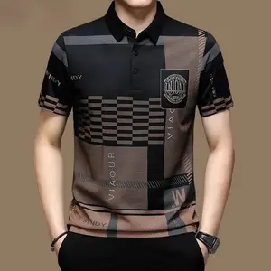 Men's Business Casual Polo Shirt - Short Sleeves, Pattern Print, Button T-Shirt for Summer, Loose Fit, Fashionable Menswear Day Aesthetic Top Clothing Classic Decoration Collar
