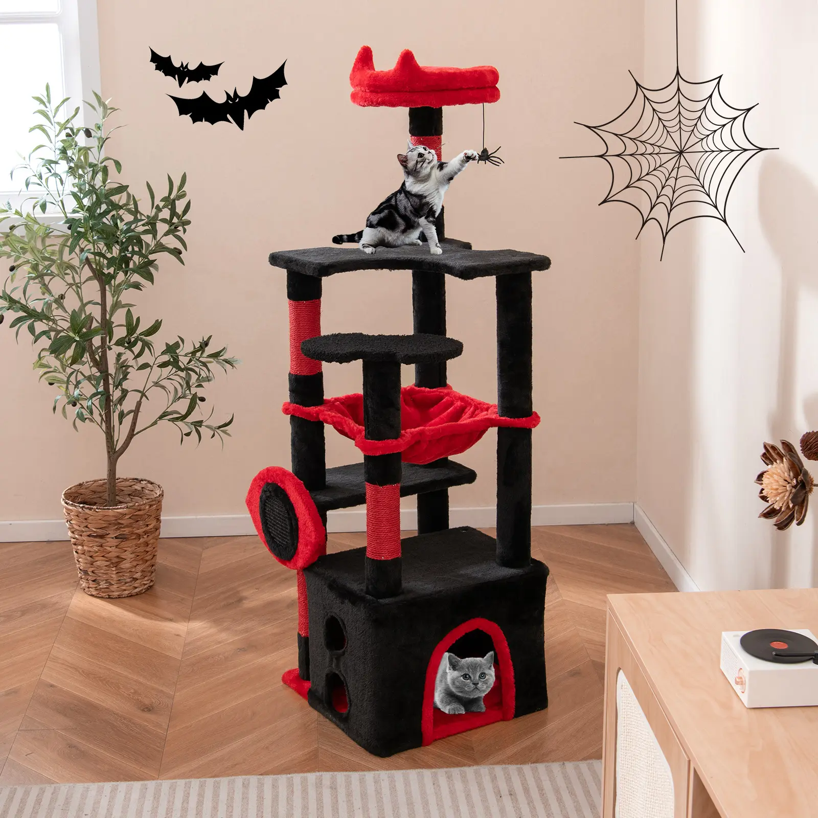 COSTWAY - Gothic Cat Tree with Plush Perch and Spider Dangling Toy-Black & Red
